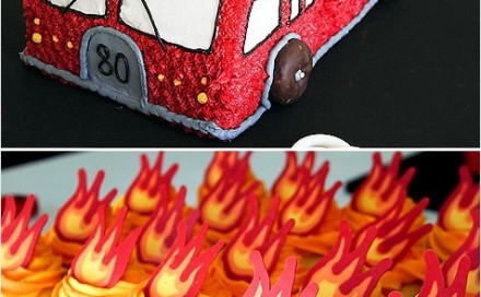 Fire Truck Cake & Flame Cupcakes 