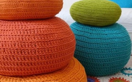 Crocheted or hand knitted pouf